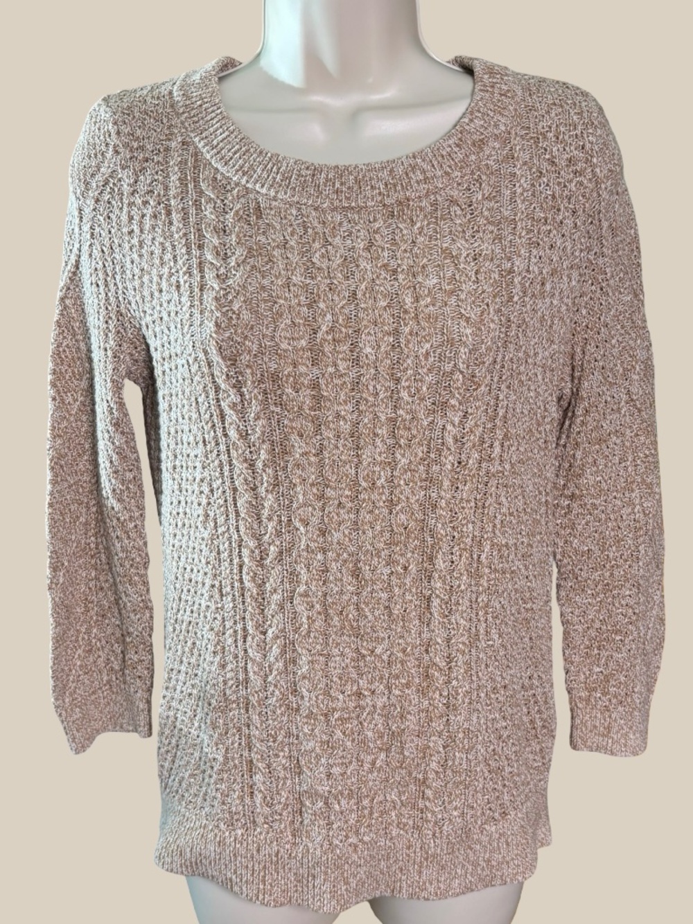 Lands' End Beige Cream Marled Cable Knit Scoop Neck Pullover Sweater Cotton SZ S